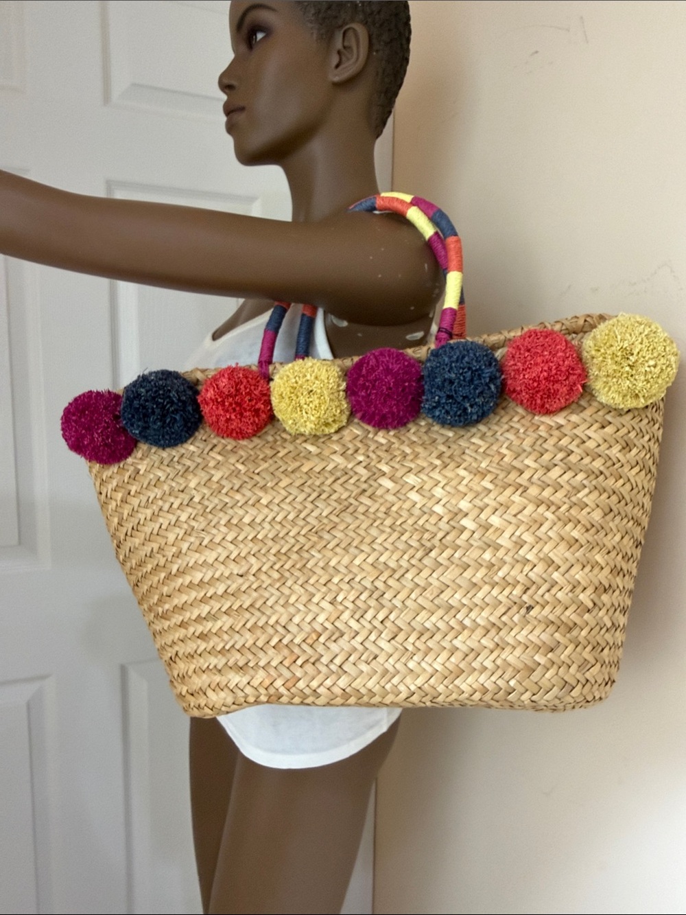 INC International Concepts Multicolor Pom Straw Tote - Picture 5 of 6